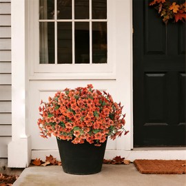 Artificial Flowers for Outdoor Fall Decoration-Faux Flower Petunia with Eucalyptus Fake Plants Boxwood for Front Door Planter Home Garden Porch Patio Thanksgiving Autumn Decor-12 Bundles (Orange)