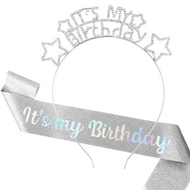 Ondder Silver IT'S Birthday Sash and Crown Tiara Headband for Women