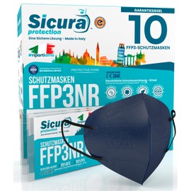 10 x CE-certified FFP3 masks, blue with black rubber bands, made in Italy with printed SICURA logo, PFE ≥99% BFE ≥99%, sanified, individually sealed