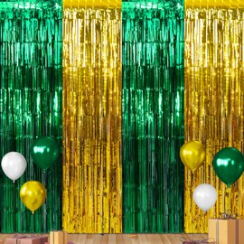 3Pack 3.3Ft x 6.6Ft Graduation Foil Fringe Curtain Backdrop Decorations, Green Gold Metallic Tinsel Foil Streamers Curtain Photo Booth Background for Graduation Prom Wedding Birthday Party Decoration