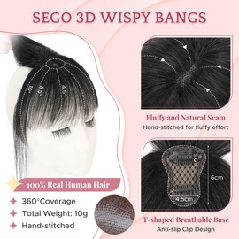 SEGO Clip in Bangs Real Human Hair, 360°3D Cover Wispy Bangs Topper Hair pieces for Women With Thinning Hair -01 Black
