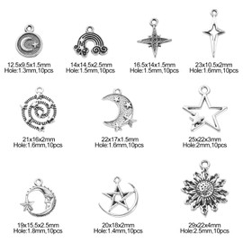 Ornazy 100pcs 10 Styles Antique Silver Rainbow Star Moon Charms for Jewelry Making Celestial Bracelet Charms for DIY Crafts Necklace Earrings Making
