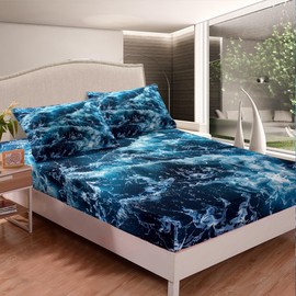 Erosebridal Blue Waves Sheet Set Ocean Sea Fitted Sheet Summer Theme Print Bedding Set Cozy Bed Cover Room Decorative Ultra Soft Bedclothes Twin Size 1 Fitted Sheet with 1 Pillow Case