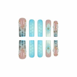 MISUD Press on Nails - Long Square Glue on Nails with Summer Blue, Acrylic Handmade 3D Flower Design 24 pcs