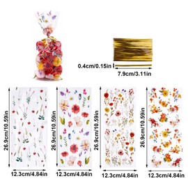 lasuroa 100pcs Wildflower Treat Bags, 4 Designs Plastic Flower Candy Gift Bags with 100 Twist Ties Floral Party Favor Supplies for Spring Party Birthday Wedding Packing