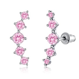CiNily Ear Crawler Earrings with Pink Cubic Zircon, 14K White Gold Plated Cuff Climber Earrings Small Flat Back Stud Earrings Gem Jewelry for Women Hypoallergenic