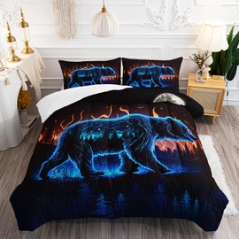 AILONEN Queen Size Comforter Set, Night Forest Wild Animal Bedding Set, Fire Bear Duvet Set, 3-Piece Set With Quilt and 2 Pillowcases