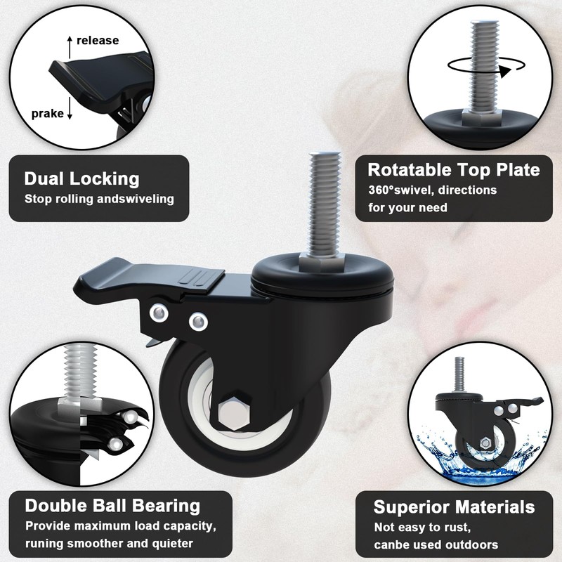 AAGUT 2" Caster Wheels,Heavy Duty Threaded Stem Casters,Screwed Bolt M10