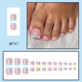 Square Press On Toenails Colorful French Tip Fake Toenails Nude Nude False Toenails With Design Acrylic Toenails Press Ons Artificial Full Cover Stick On Toe Nails For Women 24pcs