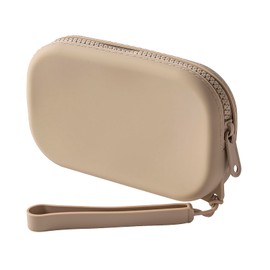 JOVAKIT - Bolsa de maquillaje de silicona portátil pequeña para mujer, bolsa de cosméticos de viaje, impermeable, regalo para mujer, cierre de cierre, estuche de maquillaje con asa, Caqui