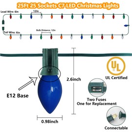 25Ft LED Christmas Lights Multicolor C7 Vintage Christmas Lights with 27 Colored Ceramic LED Bulb Lights(2 Spare), Old Fashioned Christmas Hanging Lights Outdoor for Roof Patio Party Christmas Decor