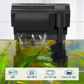 fishkeeper 6W 180GPH Ultra-Quiet Hang On Back Aquarium Filter, <28dB Whisper 4-Stage Biochemical Fish Tank Filter with Waterfall Oxygenation for 10-50Gal Fresh/Saltwater Tanks, w/Two Free Cartridges