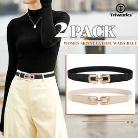 TRIWORKS 2 Pack Women Skinny Elastic Waist Belt for Dress Ladies Thin Stretch Belt with Gold Buckle,Black+Beige