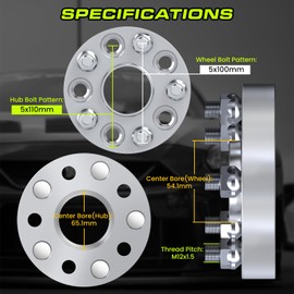 1.25 Inch Wheel Adapters 5x110 to 5x100 (Hub to Wheel) Hubcentric - Center Bore 65mm (Hub) to 54.1mm (Wheel) Compatible For Cobalt Malibu HHR G5 G6 With 5x110 Hub to Mount 5x100 Wheel (2pc M12x1.5)