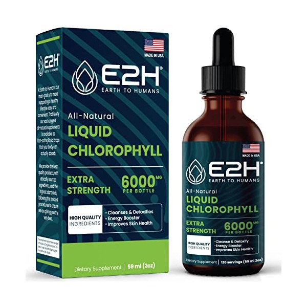 E2H Chlorophyll Liquid Drops - All-Natural Flavored Energy Booster, Immune System Support and Internal Deodorant - Vegan - Gluten Free - Non-GMO - 2 Fl Oz