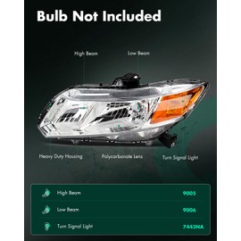 SCITOO Headlight Assembly Fits For Honda Civic 2012-2015 Headlamp In Chrome Housing Amber Reflector Clear Lens