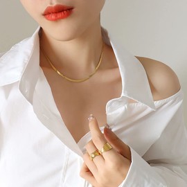 Aleasha 2 Pcs Snake Chain Necklace Gold Stainless Steel Snake Chain Bracelet Set Women 18 K Gold Plated Herringbone Necklace Jewelry
