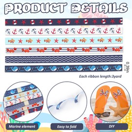 6 PCS Summer Ocean Themed Grosgrain Ribbons 3/8" Sea Animals Decor Ribbons 18 Yards, Sea Wave Starfish Craft Ribbons for Summer Party Favor Decoration Holiday Birthday Gift Packaging DIY Supplies