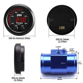 ZHSYMX Universal 52mm Water Temperature Gauge 100-300F(38-150C) Electronic Red Digital LED DC12V/24V for Car Automotive with Joint Pipe Radiator Sensor Adaptor Blue 32MM