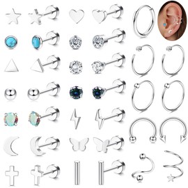 JeweBella 19 Pairs Silver Earrings for Women Girls Hypoallergenic Cubic Zirconia Star Moon Earrings Surgical Steel Medical Stud Earrings Set Hoop Silver Helix Cartilage Earrings for Multiple