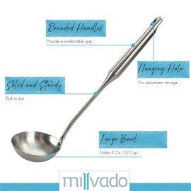 Millvado Stainless Steel Kitchen Utensil Set, Cooking Utensils, Set of 6 Kitchen Tools, Solid Spoon, Slotted Spoon, Solid Turner, Slotted Turner, Soup Ladle, Potato Masher, Dishwasher Safe