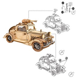 ROBOTIME Vintage Car Wooden Model Jigsaw Set, a 3D Puzzle and Craft Set for Adults and Children as a gift or decorative collection.