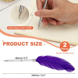 PATIKIL 1.0mm Feather Ballpoint Pens Bulk, 2Pcs Black Ink Vintage Plated Rod Quill Writing Pens for Office Wedding Guest Signature Style 2, Blue/Purple
