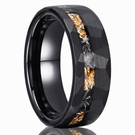 Concept Knight Black Hammered Tungsten Carbide Rings for Men Women 8mm Engagement Wedding bands Matte Brushed inlaid Gold Foil Meteorite Fragments Comfortable fit (8mm gold foil meteorite, 10)