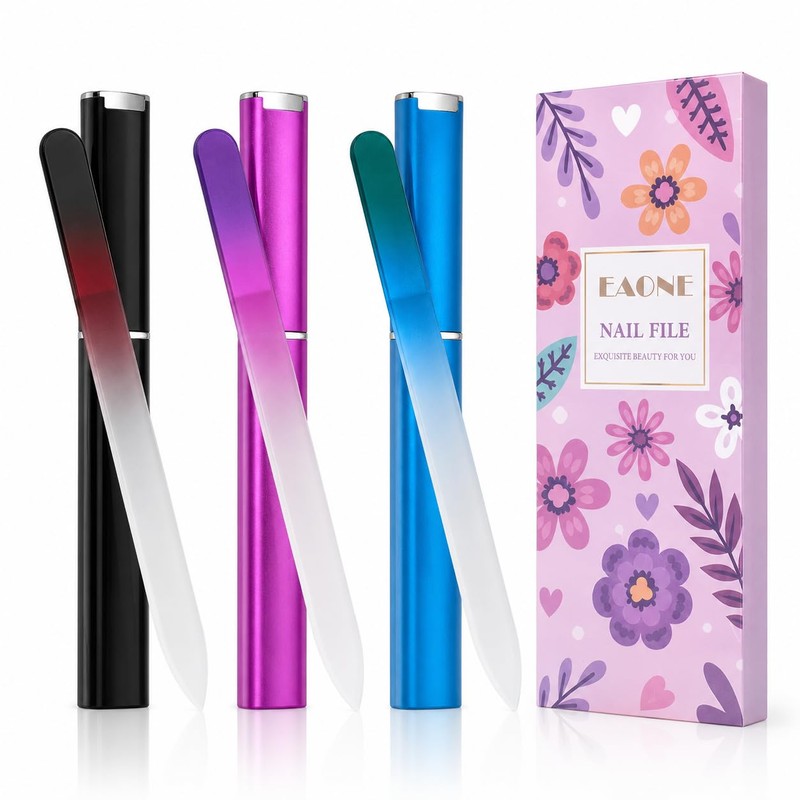 EAONE Crystal Glass Nail File with Case 3 Pack, Double-Sided