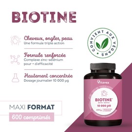 Biotin Hair 10,000 mcg - Highly Concentrated - Hair Growth, Skin Beauty, Nails - Rich in Zinc and Selenium - 600 Tablets - 300 Days - Vitavea