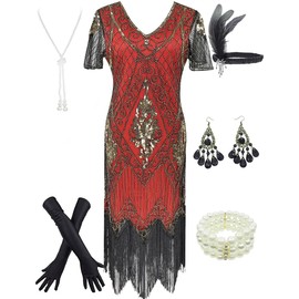 Women's 1920s Gatsby Inspired Sequin Beads Long Fringe Flapper Dress w/Accessories Set
