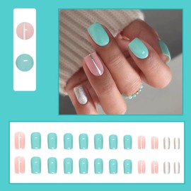 24Pcs Square Press on Nails Short Fake Nails Glossy Glue on Nails with Silver Glitter Design Full Cover Acrylic False Nails Blue Pink Cute Stick on Nails Artificial Nails for Women Manicure Decoration