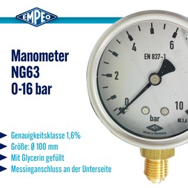 'Pressure Gauge Ng100 16BAR), G1/2 Below – Glycerine Filled