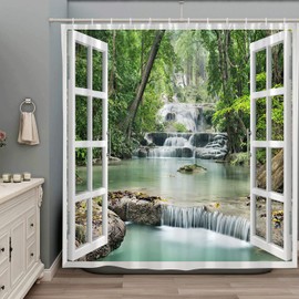 ZZYSKS Forest Waterfall Shower Curtain Spring Nature Scenic Green Tree Tropical Jungle Rainforest River Stone Landscape Fabric Bathroom Decor Set with Hooks 70Wx70H Inch