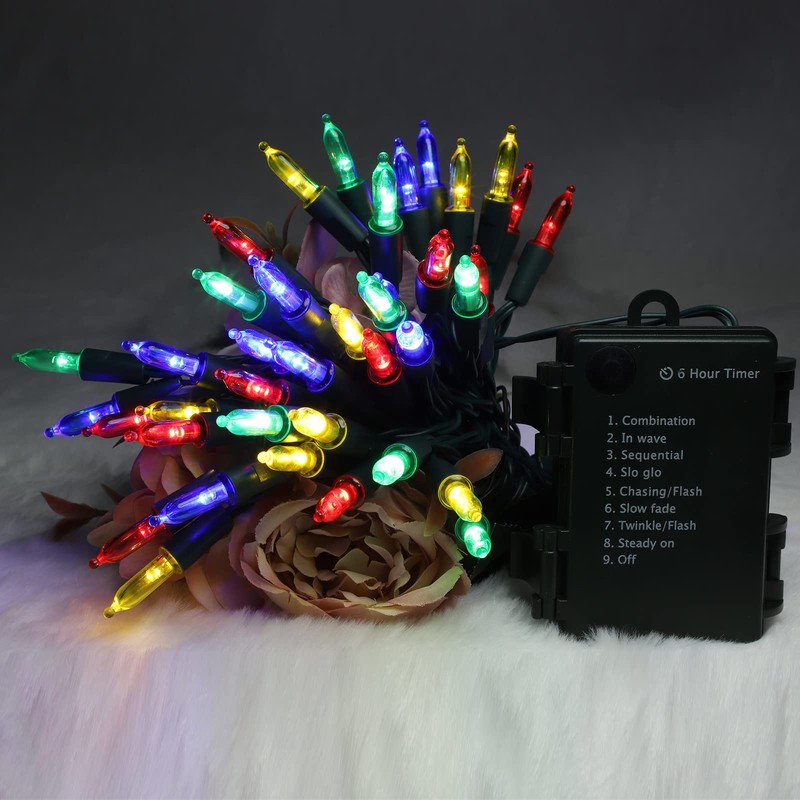 TWINGLEHOME 100LED Mini Lights,Green Wire,Waterproof Battery Case,Multi Functions,Timer,Multi（2 Sets - Each 50 Count LED）