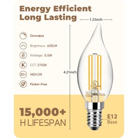 TJOY E12 LED Candelabra Bulb Dimmable, 60W Equivalent LED Chandelier Light Bulbs, 5.5W 2700K Soft Warm White 600LM CA11 Flame Tip Vintage Filament Candle Light, 12 Pack