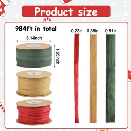 FOIMAS 984ft Raffia Paper Ribbon,Red Green Brown Kraft Ribbon Gift String Packing Paper Twine for Christmas Gift Wrapping DIY Craft Supply