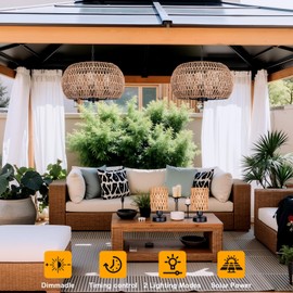 ALL FORTUNE Outdoor Solar Chandelier, 4-Light 19" Rattan Outdoor Chandelier, Hanging Pendant Lights, Waterproof, for Gazebo, Pergola, Porch, Patio