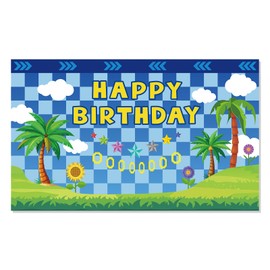 Blue with Gold Ring Print Happy Birthday Banner, Game Theme Background Banner Backdrop with Rope Cartoon Themed Party Decorations for Birthday, Indoor & Outdoor Celebrations for Boys and Girls