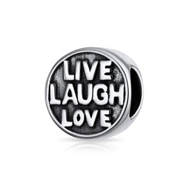 Word Live Laugh Love Mantra Inspirational Round Charm Bead For Women For Teen .925 Sterling Silver Fits European Bracelet