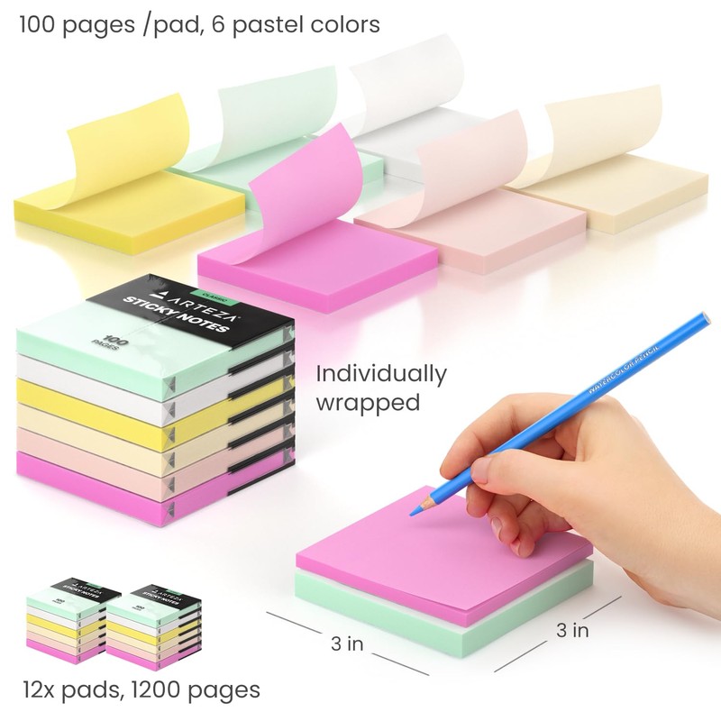 ARTEZA Sticky Notes, 3x3 Inches, 12 Pads, Bulk Pack of