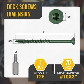 DTGN #10x3 Deck Screws - 70Pack - Good for Decks, Fences, Frames, Farms, Outdoor Furniture - Carbon Steel Wood Screws W/ T25 Torx Star Drive Bit - Green