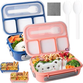 2 Set Grande Caja Bento Box 1300 ml + 1 Paño De Limpieza, Lonchera para Niños y Adultos, Caja de Almuerzo con Cuchara, Fiambreras con 4 Compartimentos, Contenedores de Almuerzoa Prueba de Fugas