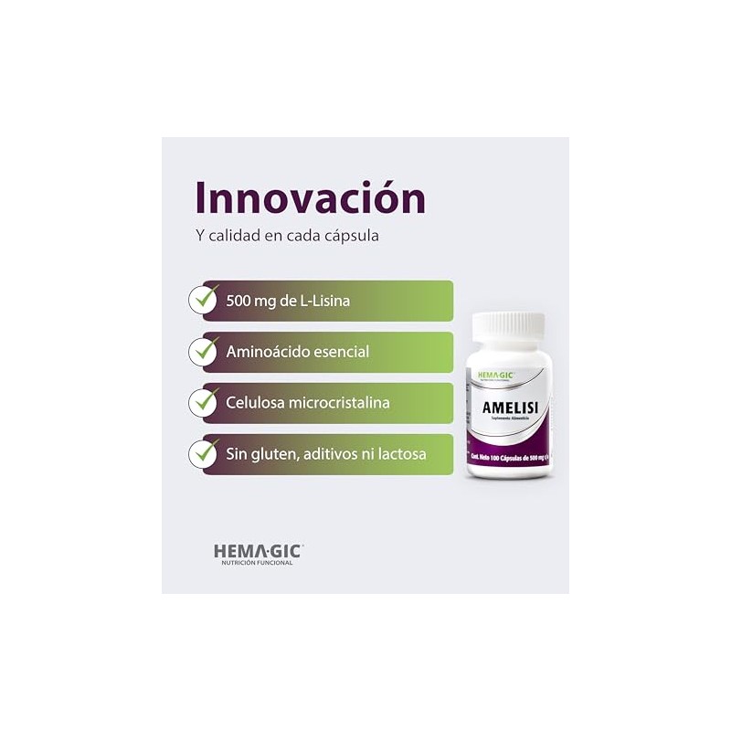 Amelisi Lisina 100 Cápsulas 500 Suplementos Alimenticios Aminoácidos Esenciales Celulosa