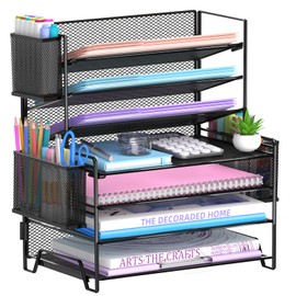 SUPEASY Organizador de escritorio de 7 niveles con 3 soportes para bolígrafos, bandeja de letras de metal resistente, organizador de archivos de papel