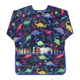 BAHABY Kids Art Smocks Dinosaur Painting Aprons for Children Waterproof Artist Smock with Long Sleeve and 3 Pockets for Age 3-8 Years (Navy-blue)