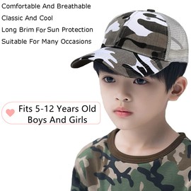 Kids Camo Baseball Cap Camouflage Mesh Sun Hat Child Cotton Snapback Cap Adjustable Peak Cap Baseball Hat Summer UV Protection Hat Outdoor Sport Cap For Holiday Travel Beach Boys Girls 5-12 Years Old