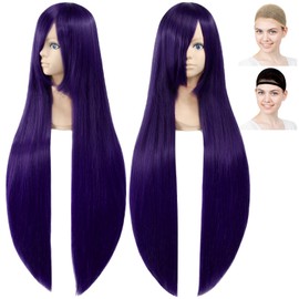 CaseEden 6158 Premium Cosplay Wig, Smooth, Long Hair, 39.4 inches (100 cm), Dark Purple, Purple