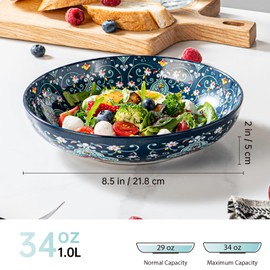 HENXFEN LEAD Pasta Bowls– 33 oz Colorful Ceramic Salad Bowls Set of 4, Wide and Shallow Serving Bowls for Soup, Dinner – Microwave & Dishwasher Safe Pasta Plates