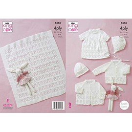 King Cole 5358 Knitting Pattern Baby Coat Cardigan Dress Hat Bonnet Blanket in Comfort 4 Ply